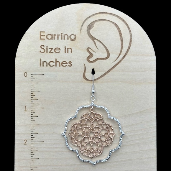 Copper & Silver Tone Filigree Quatrefoil Disk Dangle Earrings - Picture 3 of 3